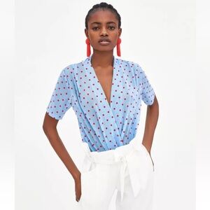 Zara Trafaluc Semi Sheer Blue & Red Dot Wrap Top